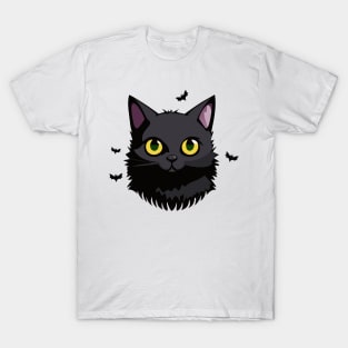 Black Cat with Bats Flying T-Shirt